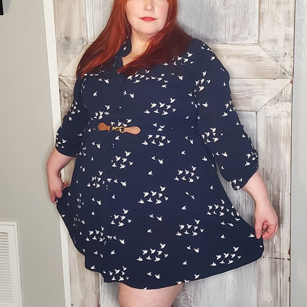 Always Indigo 3x plus navy blue and white, bird silhouette dress, long s…